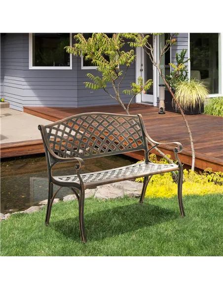 Outsunny Cast Aluminium Outdoor Garden Bench 2 Seater Antique Patio Loveseat, Bronze