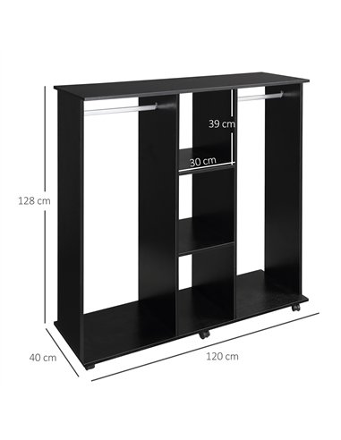 HOMCOM Open Wardrobe Double Mobile Storage Shelves Organizer W/6 Wheels-Black