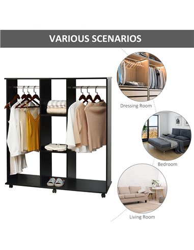 HOMCOM Open Wardrobe Double Mobile Storage Shelves Organizer W/6 Wheels-Black