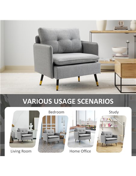 HOMCOM Modern Accent Chair, Upholstered Button Tufted Occasional Chair for Living Room and Bedroom, Grey