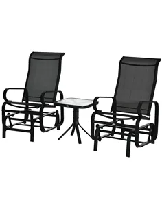 Outsunny 3 Pieces Garden Gliding Chair Set, Metal Frame 2 Single Armchair Swing Seater and 1 Glass Top Coffee Table w/ Breath Me