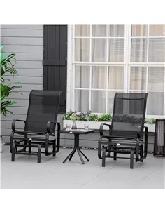 Outsunny 3 Pieces Garden Gliding Chair Set, Metal Frame 2 Single Armchair Swing Seater and 1 Glass Top Coffee Table w/ Breath Me 2