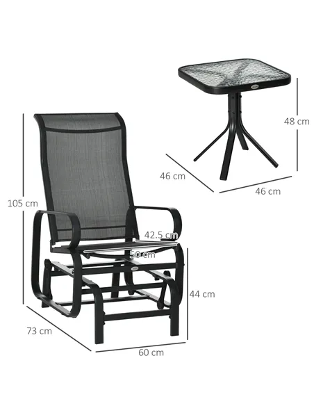 Outsunny 3 Pieces Garden Gliding Chair Set, Metal Frame 2 Single Armchair Swing Seater and 1 Glass Top Coffee Table w/ Breath Me
