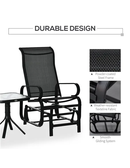 Outsunny 3 Pieces Garden Gliding Chair Set, Metal Frame 2 Single Armchair Swing Seater and 1 Glass Top Coffee Table w/ Breath Me
