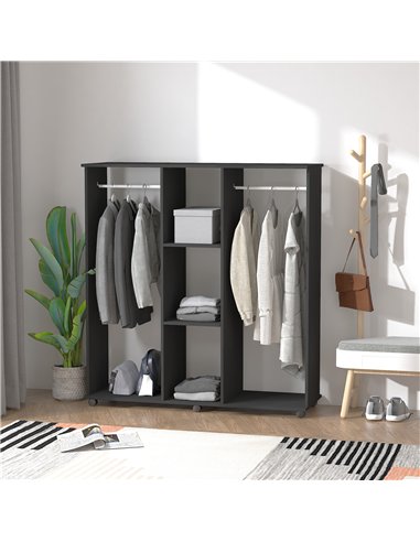 HOMCOM Open Wardrobe Double Mobile Storage Shelves Organizer W/6 Wheels-Black