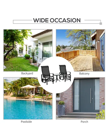 Outsunny 3 Pieces Garden Gliding Chair Set, Metal Frame 2 Single Armchair Swing Seater and 1 Glass Top Coffee Table w/ Breath Me