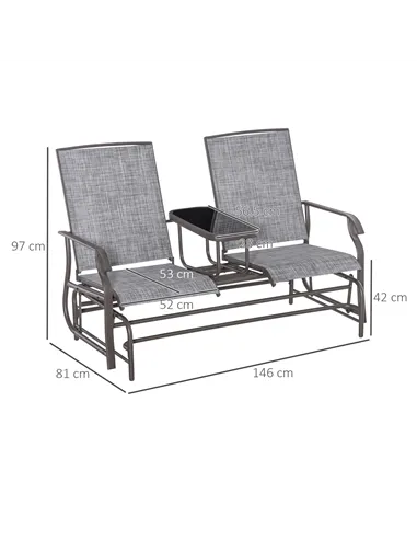 Outsunny 2 Seats Garden Glider Bench, Metal Frame Loveseat with Glass Top  Centre Table, Porch Rocking Glider for 2 Person, for 