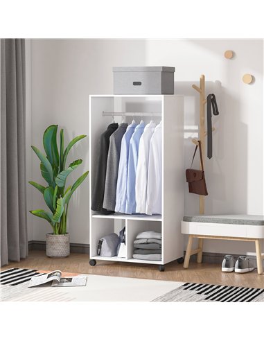 HOMCOM Open Wardrobe on Wheels, Bedroom Wardrobe with Clothes Hanging Rail, 2 Storage Shelves, Mobile Garment Rack for Cloakroom