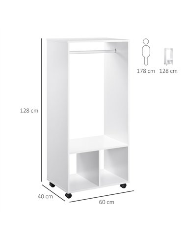 HOMCOM Open Wardrobe on Wheels, Bedroom Wardrobe with Clothes Hanging Rail, 2 Storage Shelves, Mobile Garment Rack for Cloakroom