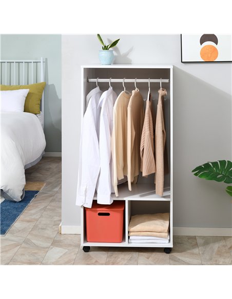 HOMCOM Open Wardrobe on Wheels, Bedroom Wardrobe with Clothes Hanging Rail, 2 Storage Shelves, Mobile Garment Rack for Cloakroom