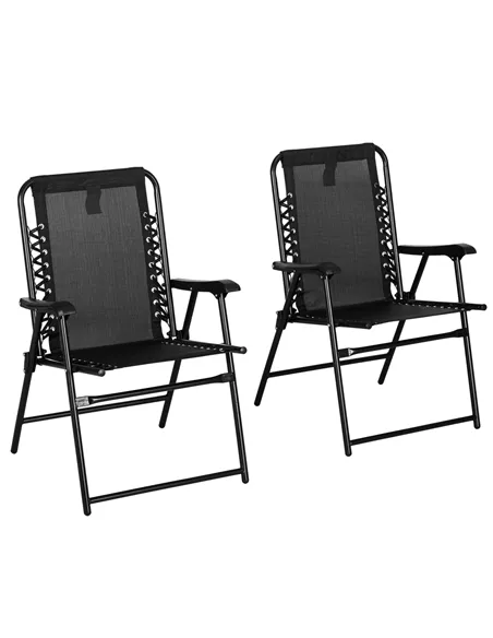 Outsunny 2 Pcs Patio Folding Chair Set, Outdoor Portable Loungers for Camping Pool Beach Deck, Lawn w/ Armrest Steel Frame Black