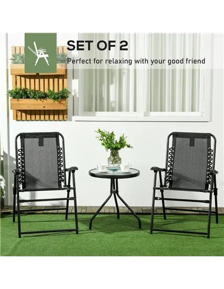 Outsunny 2 Pcs Patio Folding Chair Set, Outdoor Portable Loungers for Camping Pool Beach Deck, Lawn w/ Armrest Steel Frame Black