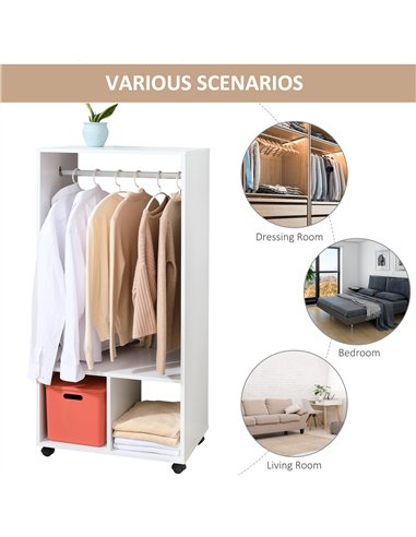 HOMCOM Open Wardrobe on Wheels, Bedroom Wardrobe with Clothes Hanging Rail, 2 Storage Shelves, Mobile Garment Rack for Cloakroom