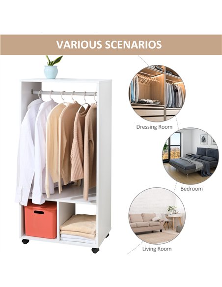 HOMCOM Open Wardrobe on Wheels, Bedroom Wardrobe with Clothes Hanging Rail, 2 Storage Shelves, Mobile Garment Rack for Cloakroom