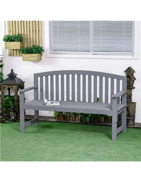 Outsunny 2 Seater Wooden Garden Bench with Armrest, Outdoor Furniture Chair for Park, Balcony, Grey