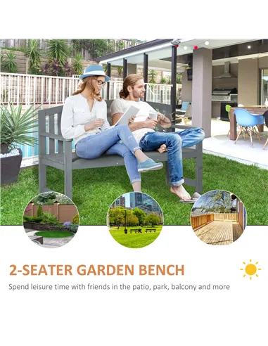 Outsunny 2 Seater Wooden Garden Bench with Armrest, Outdoor Furniture Chair for Park, Balcony, Grey