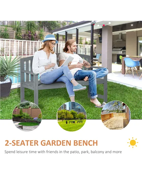 Outsunny 2 Seater Wooden Garden Bench with Armrest, Outdoor Furniture Chair for Park, Balcony, Grey