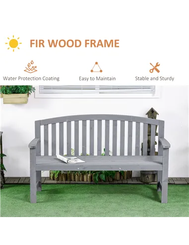 Outsunny 2 Seater Wooden Garden Bench with Armrest, Outdoor Furniture Chair for Park, Balcony, Grey