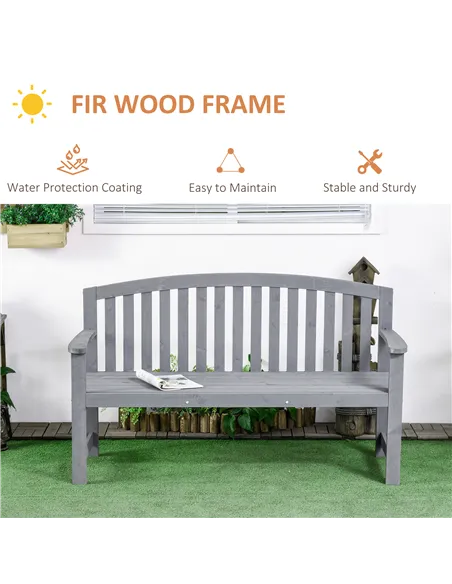 Outsunny 2 Seater Wooden Garden Bench with Armrest, Outdoor Furniture Chair for Park, Balcony, Grey