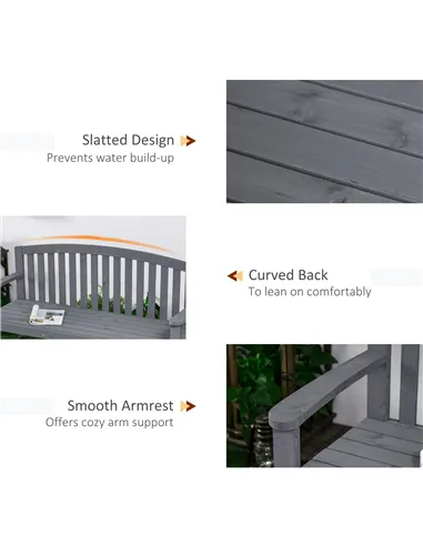 Outsunny 2 Seater Wooden Garden Bench with Armrest, Outdoor Furniture Chair for Park, Balcony, Grey