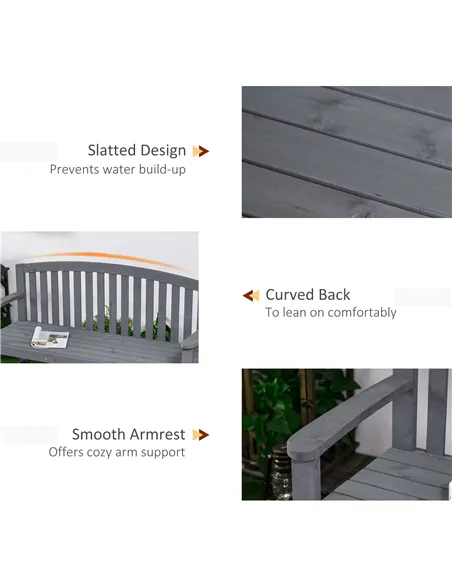 Outsunny 2 Seater Wooden Garden Bench with Armrest, Outdoor Furniture Chair for Park, Balcony, Grey