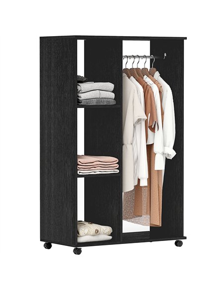 HOMCOM Open Wardrobe on Wheels, Bedroom Wardrobe with Clothes Hanging Rail, 3 Storage Shelves, Mobile Garment Rack for Cloakroom