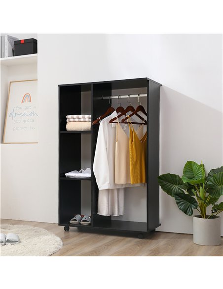 HOMCOM Open Wardrobe on Wheels, Bedroom Wardrobe with Clothes Hanging Rail, 3 Storage Shelves, Mobile Garment Rack for Cloakroom