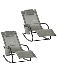 Outsunny 2PCs Outdoor Garden Rocking Chair, Patio Sun Lounger Rocker Chair with Breathable Mesh Fabric, Removable Headrest Pillo