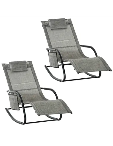 Outsunny 2PCs Outdoor Garden Rocking Chair, Patio Sun Lounger Rocker Chair with Breathable Mesh Fabric, Removable Headrest Pillo