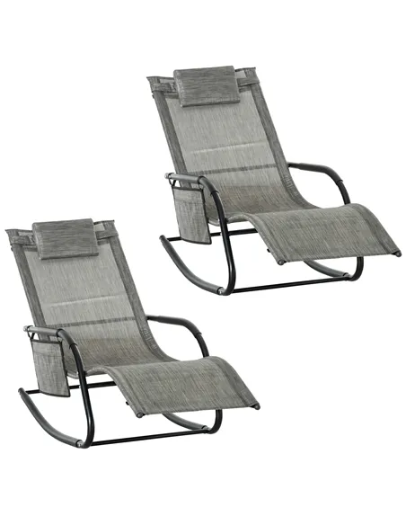 Outsunny 2PCs Outdoor Garden Rocking Chair, Patio Sun Lounger Rocker Chair with Breathable Mesh Fabric, Removable Headrest Pillo