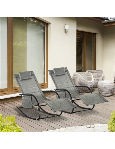 Outsunny 2PCs Outdoor Garden Rocking Chair, Patio Sun Lounger Rocker Chair with Breathable Mesh Fabric, Removable Headrest Pillo