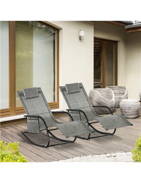 Outsunny 2PCs Outdoor Garden Rocking Chair, Patio Sun Lounger Rocker Chair with Breathable Mesh Fabric, Removable Headrest Pillo
