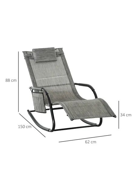 Outsunny 2PCs Outdoor Garden Rocking Chair, Patio Sun Lounger Rocker Chair with Breathable Mesh Fabric, Removable Headrest Pillo