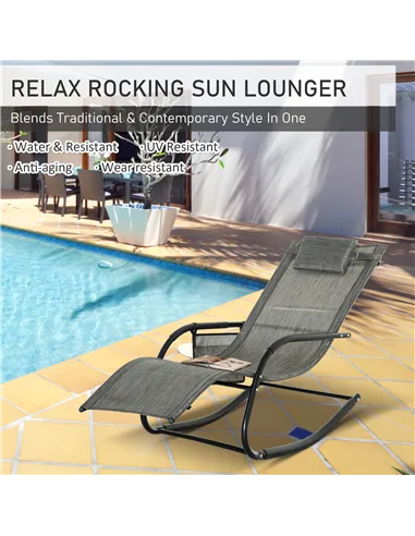 Outsunny 2PCs Outdoor Garden Rocking Chair, Patio Sun Lounger Rocker Chair with Breathable Mesh Fabric, Removable Headrest Pillo