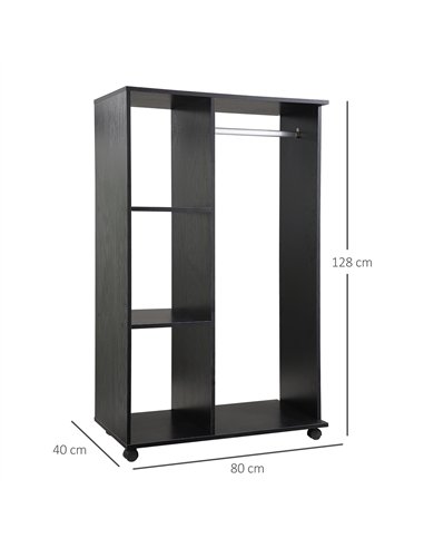 HOMCOM Open Wardrobe on Wheels, Bedroom Wardrobe with Clothes Hanging Rail, 3 Storage Shelves, Mobile Garment Rack for Cloakroom