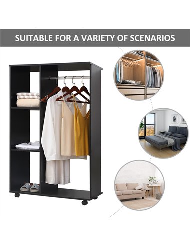 HOMCOM Open Wardrobe on Wheels, Bedroom Wardrobe with Clothes Hanging Rail, 3 Storage Shelves, Mobile Garment Rack for Cloakroom