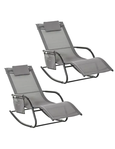 Outsunny 2PCs Outdoor Garden Rocking Chair, Patio Sun Lounger Rocker Chair with Breathable Mesh Fabric, Removable Headrest Pillo