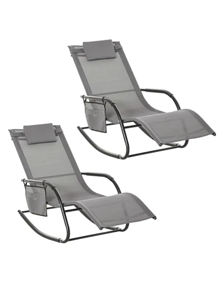 Outsunny 2PCs Outdoor Garden Rocking Chair, Patio Sun Lounger Rocker Chair with Breathable Mesh Fabric, Removable Headrest Pillo