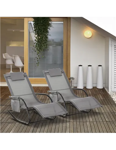 Outsunny 2PCs Outdoor Garden Rocking Chair, Patio Sun Lounger Rocker Chair with Breathable Mesh Fabric, Removable Headrest Pillo