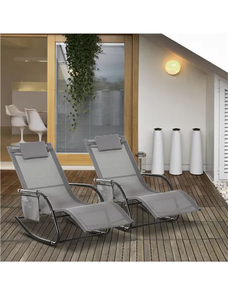 Outsunny 2PCs Outdoor Garden Rocking Chair, Patio Sun Lounger Rocker Chair with Breathable Mesh Fabric, Removable Headrest Pillo