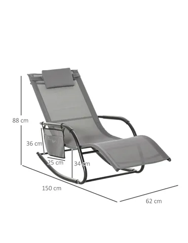 Outsunny 2PCs Outdoor Garden Rocking Chair, Patio Sun Lounger Rocker Chair with Breathable Mesh Fabric, Removable Headrest Pillo
