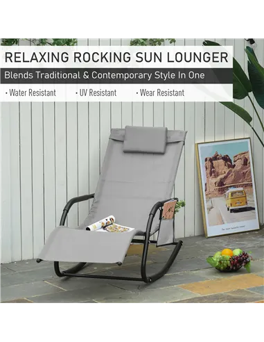 Outsunny 2PCs Outdoor Garden Rocking Chair, Patio Sun Lounger Rocker Chair with Breathable Mesh Fabric, Removable Headrest Pillo
