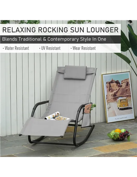 Outsunny 2PCs Outdoor Garden Rocking Chair, Patio Sun Lounger Rocker Chair with Breathable Mesh Fabric, Removable Headrest Pillo