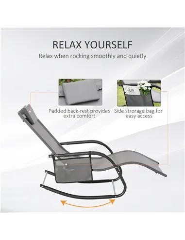 Outsunny 2PCs Outdoor Garden Rocking Chair, Patio Sun Lounger Rocker Chair with Breathable Mesh Fabric, Removable Headrest Pillo
