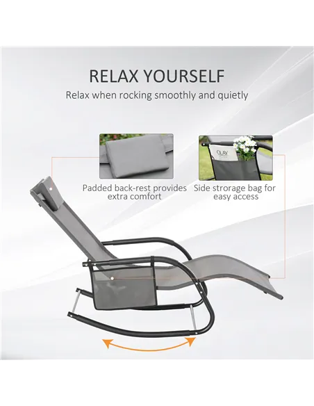 Outsunny 2PCs Outdoor Garden Rocking Chair, Patio Sun Lounger Rocker Chair with Breathable Mesh Fabric, Removable Headrest Pillo