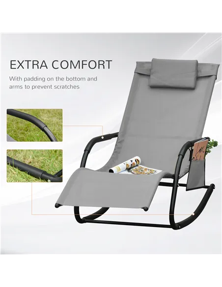 Outsunny 2PCs Outdoor Garden Rocking Chair, Patio Sun Lounger Rocker Chair with Breathable Mesh Fabric, Removable Headrest Pillo