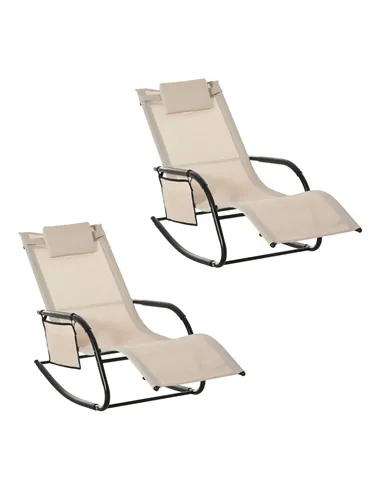 Outsunny 2PCs Outdoor Garden Rocking Chair, Patio Sun Lounger Rocker Chair with Breathable Mesh Fabric, Removable Headrest Pillo