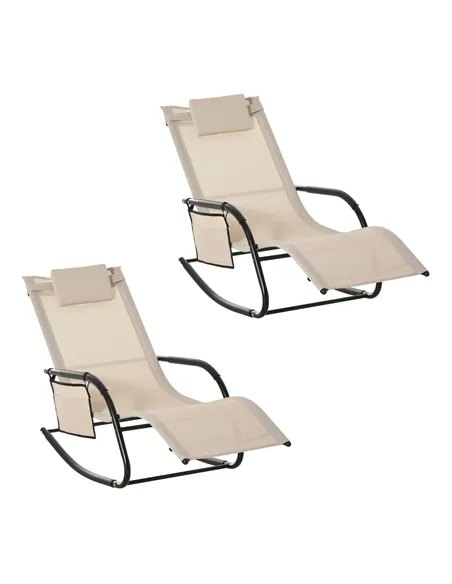 Outsunny 2PCs Outdoor Garden Rocking Chair, Patio Sun Lounger Rocker Chair with Breathable Mesh Fabric, Removable Headrest Pillo