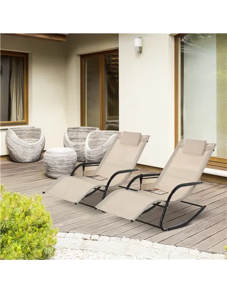 Outsunny 2PCs Outdoor Garden Rocking Chair, Patio Sun Lounger Rocker Chair with Breathable Mesh Fabric, Removable Headrest Pillo