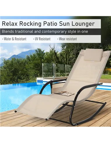 Outsunny 2PCs Outdoor Garden Rocking Chair, Patio Sun Lounger Rocker Chair with Breathable Mesh Fabric, Removable Headrest Pillo